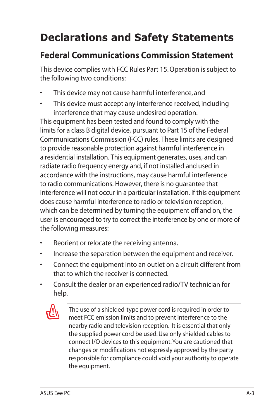 Declarations and safety statements, Federal communications commission statement | Asus Eee PC 900SD/Linux User Manual | Page 59 / 80