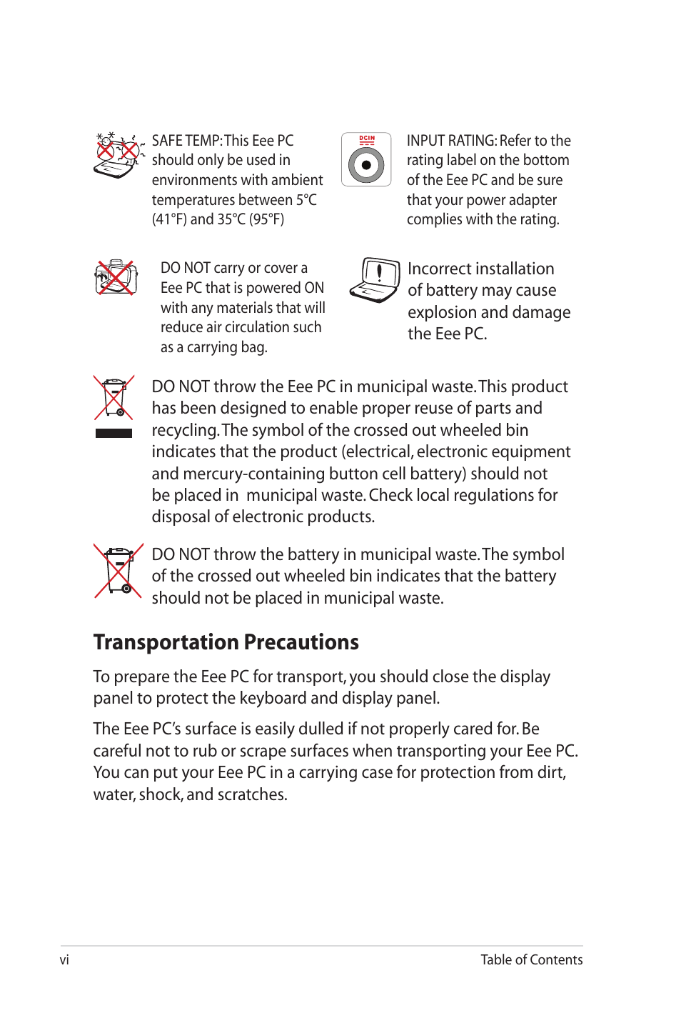 Transportation precautions | Asus Eee PC 900SD/Linux User Manual | Page 6 / 80