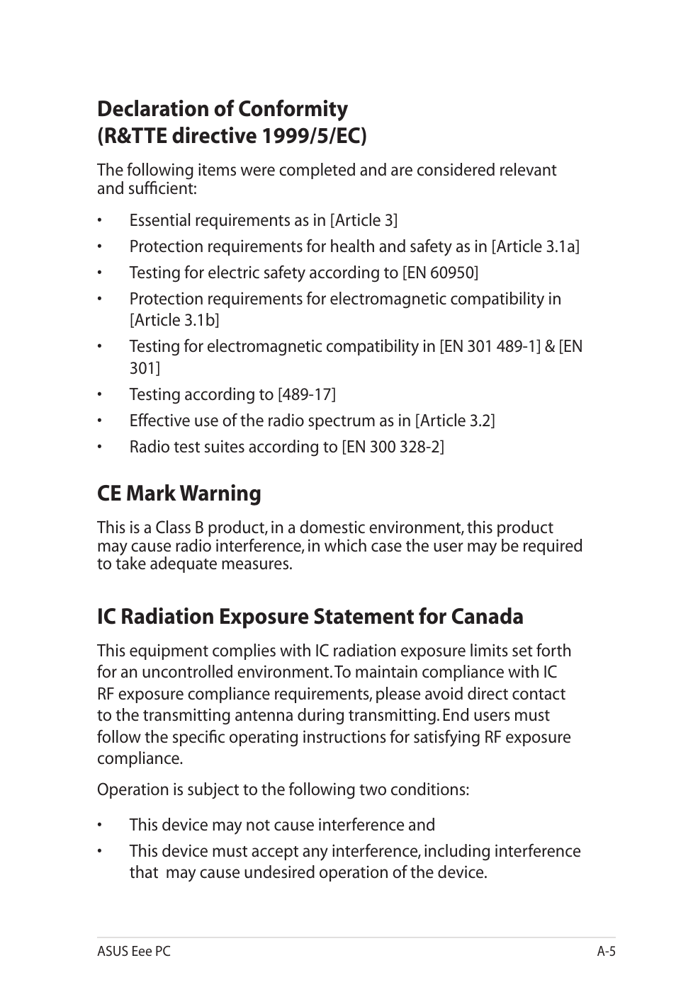 Ce mark warning, Ic radiation exposure statement for canada | Asus Eee PC 900SD/Linux User Manual | Page 61 / 80