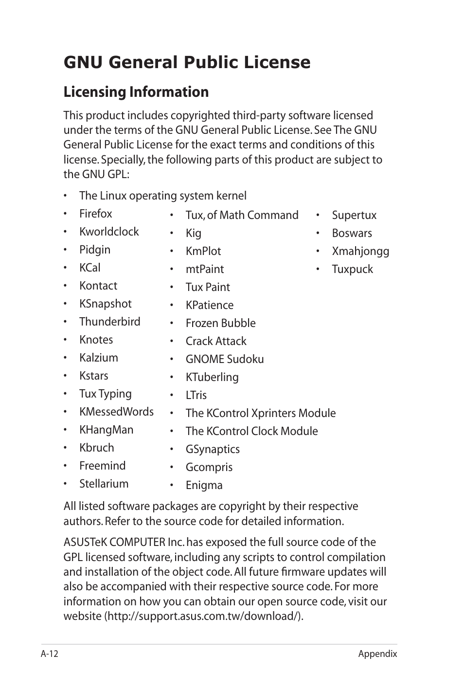 Gnu general public license, Licensing information | Asus Eee PC 900SD/Linux User Manual | Page 68 / 80