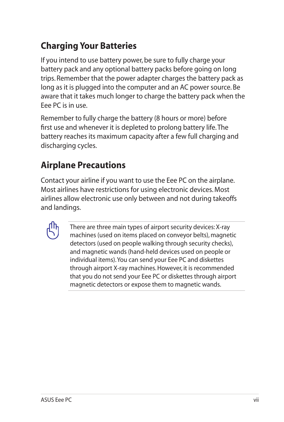 Charging your batteries, Airplane precautions | Asus Eee PC 900SD/Linux User Manual | Page 7 / 80