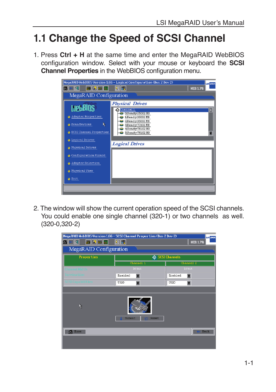 1 change the speed of scsi channel | Asus SCSI 320-2 User Manual | Page 8 / 96