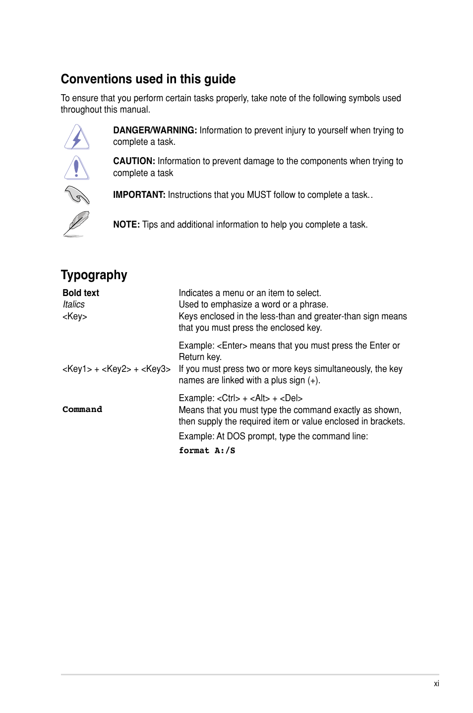 Conventions used in this guide, Typography | Asus P9D-MH/SAS/10G-DUAL User Manual | Page 11 / 192