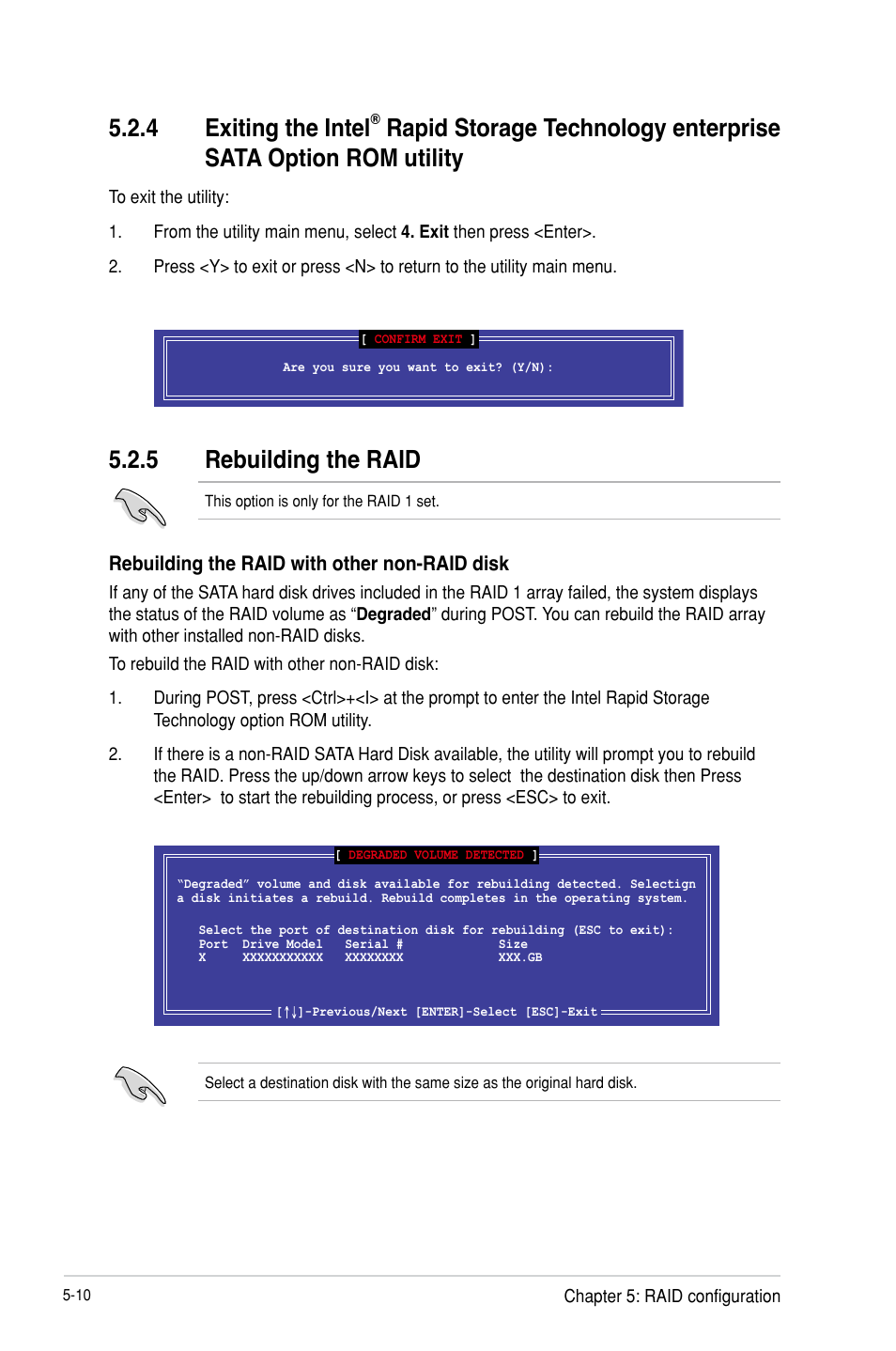 Exiting the intel, Rapid storage technology enterprise, Sata option rom utility -10 | Rebuilding the raid -10, 5 rebuilding the raid, 4 exiting the intel | Asus P9D-MH/SAS/10G-DUAL User Manual | Page 114 / 192