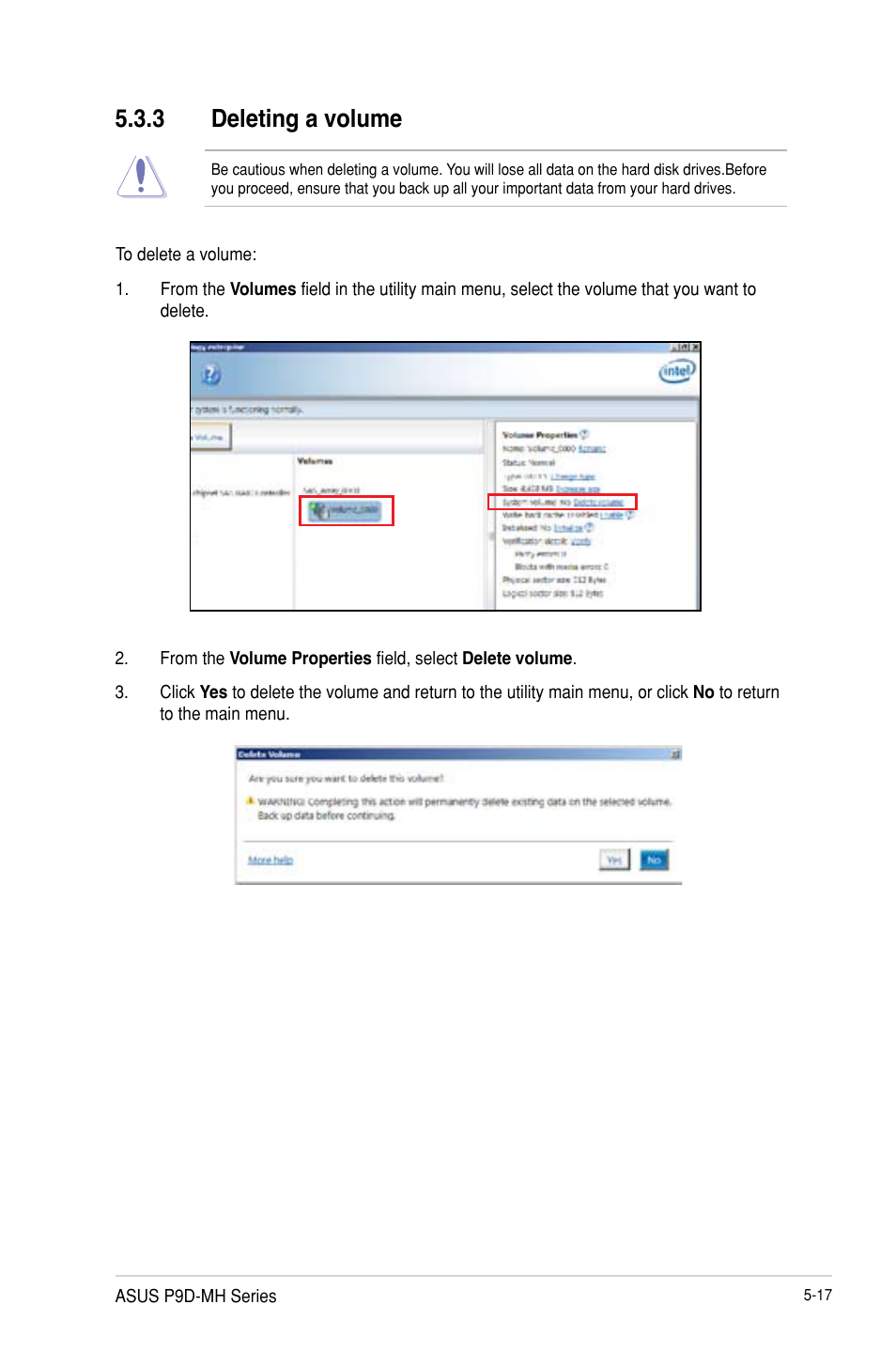 Deleting a volume -17, 3 deleting a volume | Asus P9D-MH/SAS/10G-DUAL User Manual | Page 121 / 192