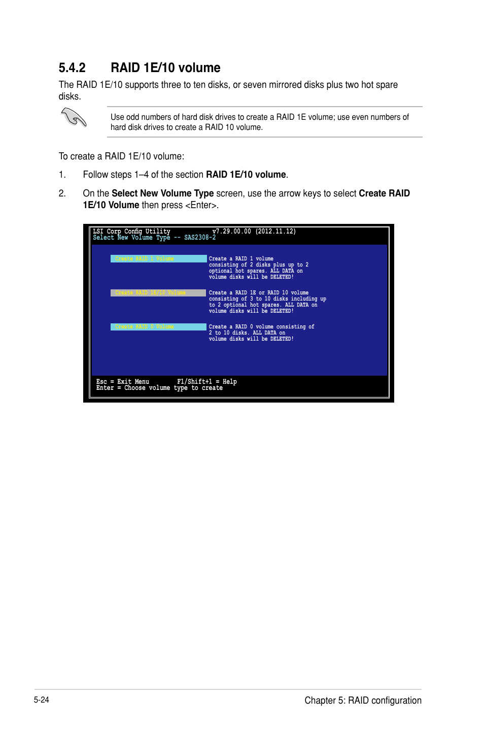 Raid 1e/10 volume -24, 2 raid 1e/10 volume, Chapter 5: raid configuration | Asus P9D-MH/SAS/10G-DUAL User Manual | Page 128 / 192