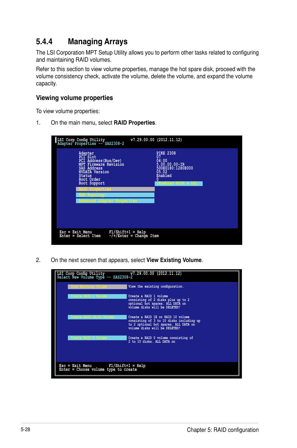 Managing arrays -28, 4 managing arrays, Viewing volume properties | Chapter 5: raid configuration | Asus P9D-MH/SAS/10G-DUAL User Manual | Page 132 / 192