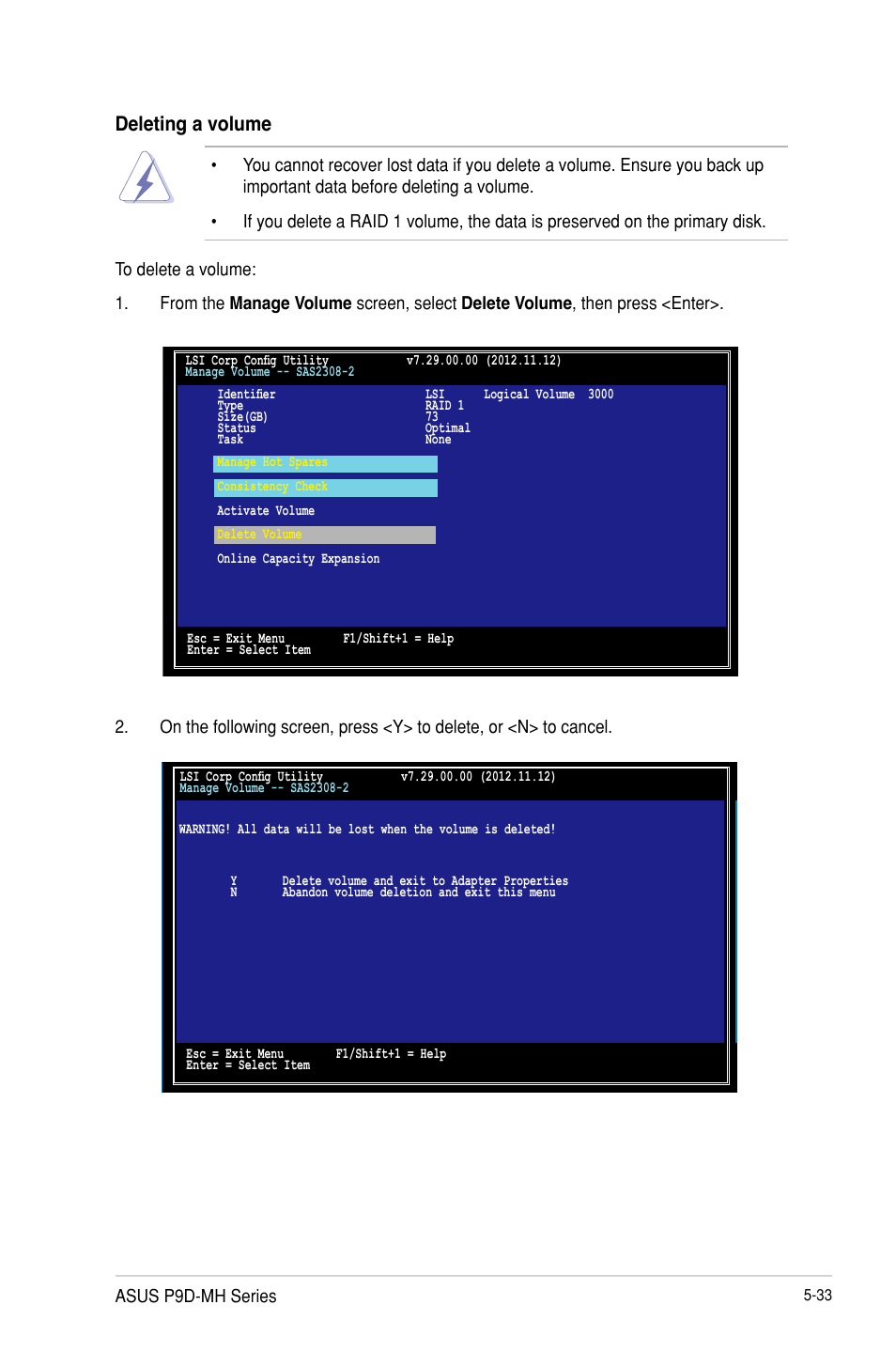 Deleting a volume | Asus P9D-MH/SAS/10G-DUAL User Manual | Page 137 / 192