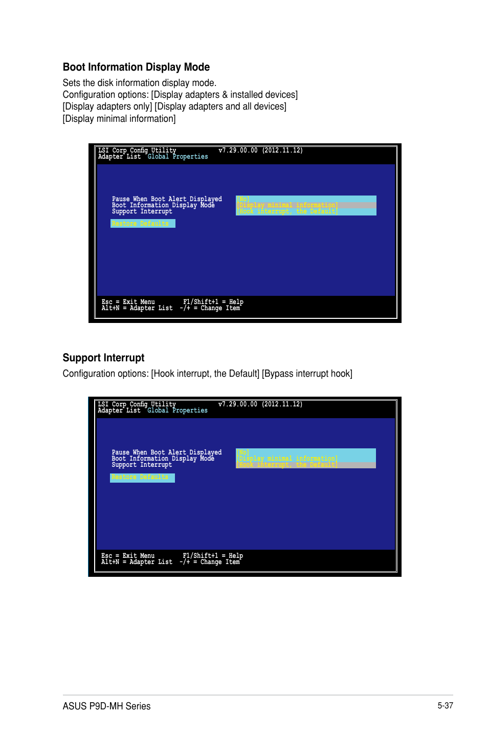 Boot information display mode, Support interrupt, Asus p9d-mh series | Asus P9D-MH/SAS/10G-DUAL User Manual | Page 141 / 192