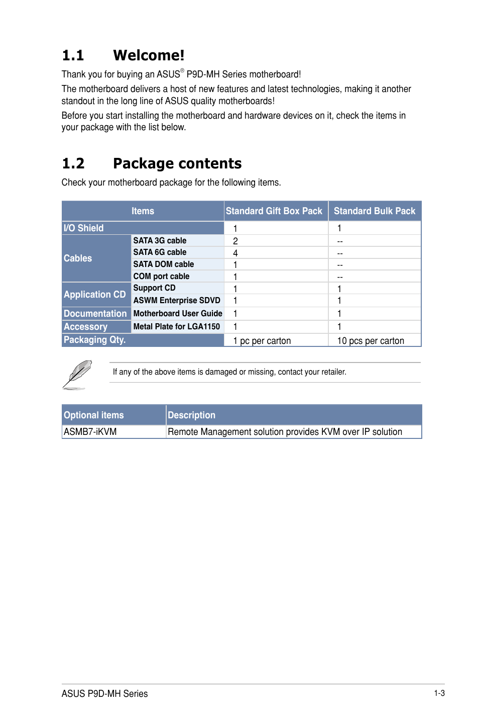 Welcome! -3, Package contents -3, 1 welcome | 2 package contents | Asus P9D-MH/SAS/10G-DUAL User Manual | Page 17 / 192