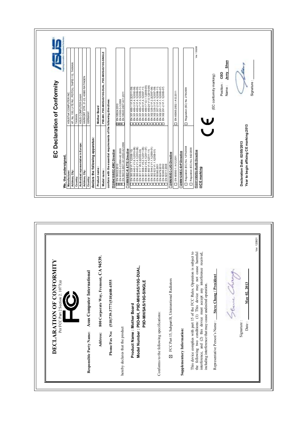 Declaration of conformity, Ec declaration of conformity, Asu s c om pu te r in te rn at io na l | Address: 800 corporate way, fremont | Asus P9D-MH/SAS/10G-DUAL User Manual | Page 192 / 192