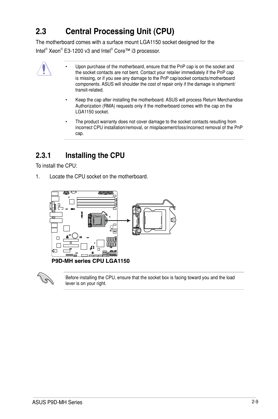 3 central processing unit (cpu), Central processing unit (cpu) -9 2.3.1, Installing the cpu -9 | Central processing unit (cpu) -8 | Asus P9D-MH/SAS/10G-DUAL User Manual | Page 29 / 192