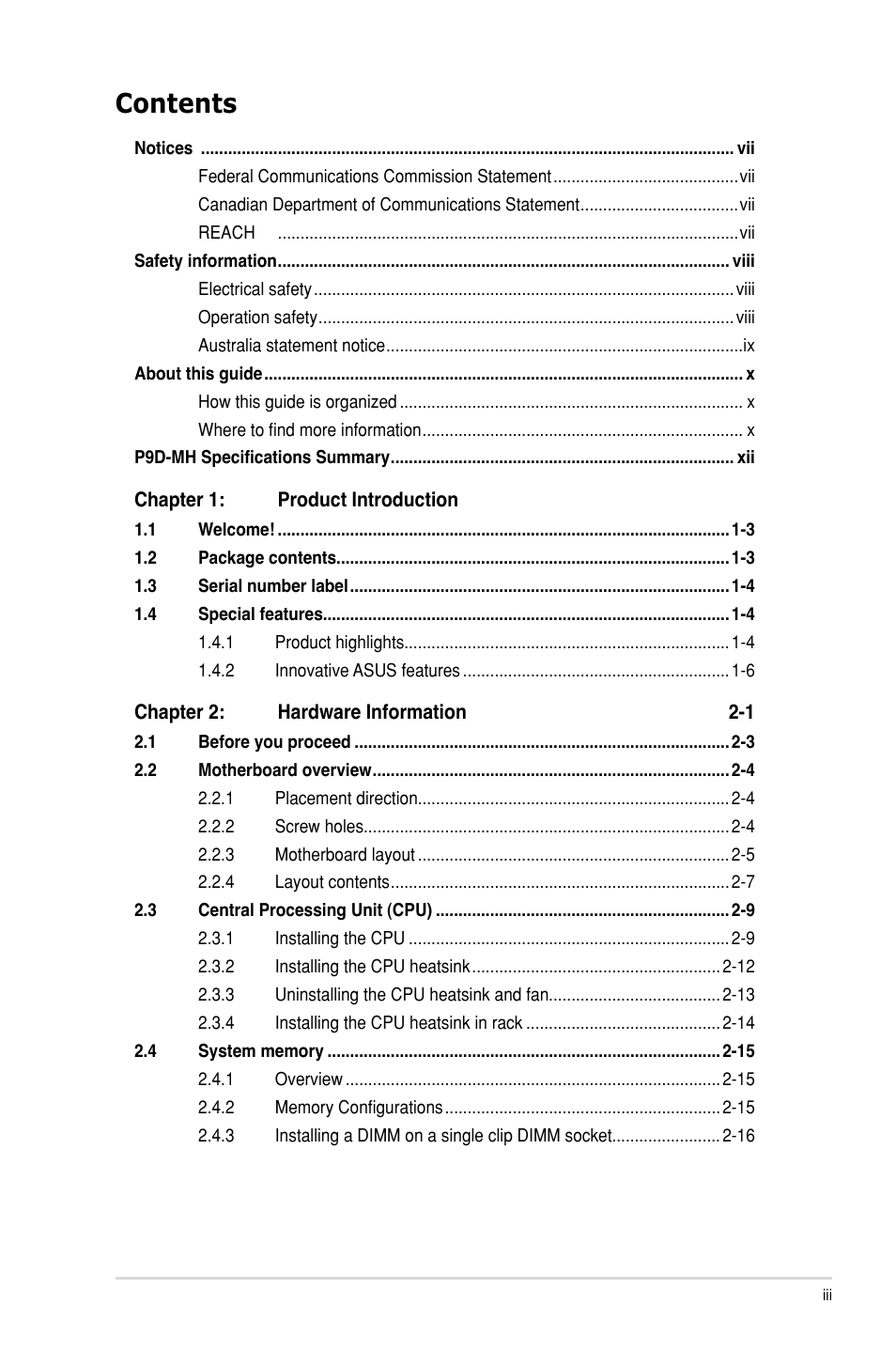 Asus P9D-MH/SAS/10G-DUAL User Manual | Page 3 / 192