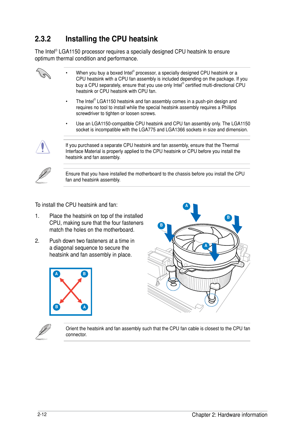 Installing the cpu heatsink -12, 2 installing the cpu heatsink | Asus P9D-MH/SAS/10G-DUAL User Manual | Page 32 / 192