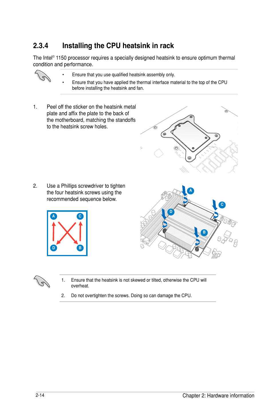 Installing the cpu heatsink in rack -14, 4 installing the cpu heatsink in rack | Asus P9D-MH/SAS/10G-DUAL User Manual | Page 34 / 192