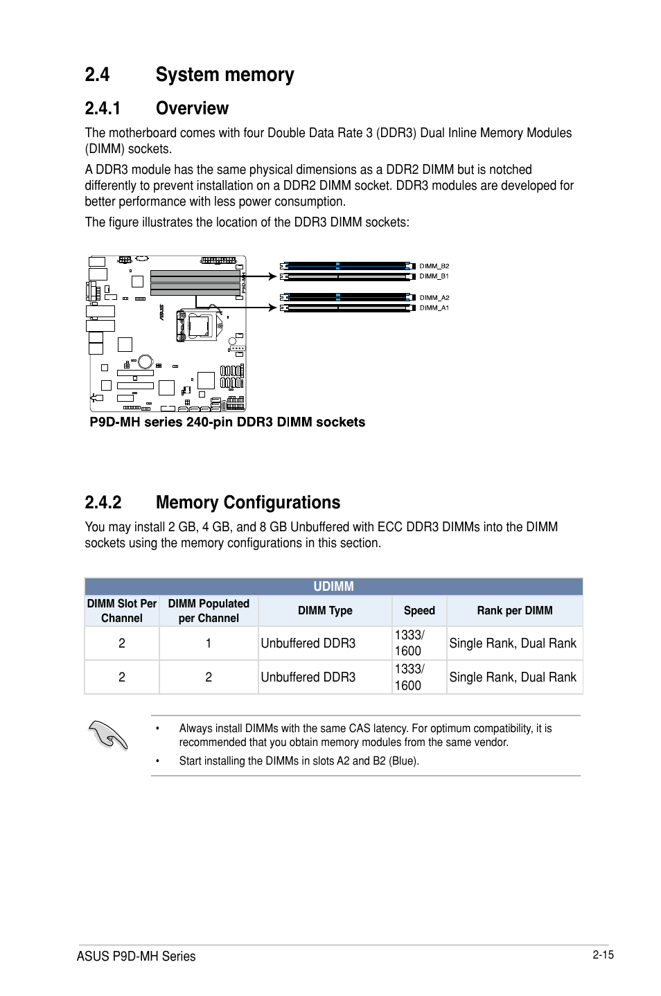 4 system memory, System memory -15 2.4.1, Overview -15 | Memory configurations -15, System memory -14 | Asus P9D-MH/SAS/10G-DUAL User Manual | Page 35 / 192