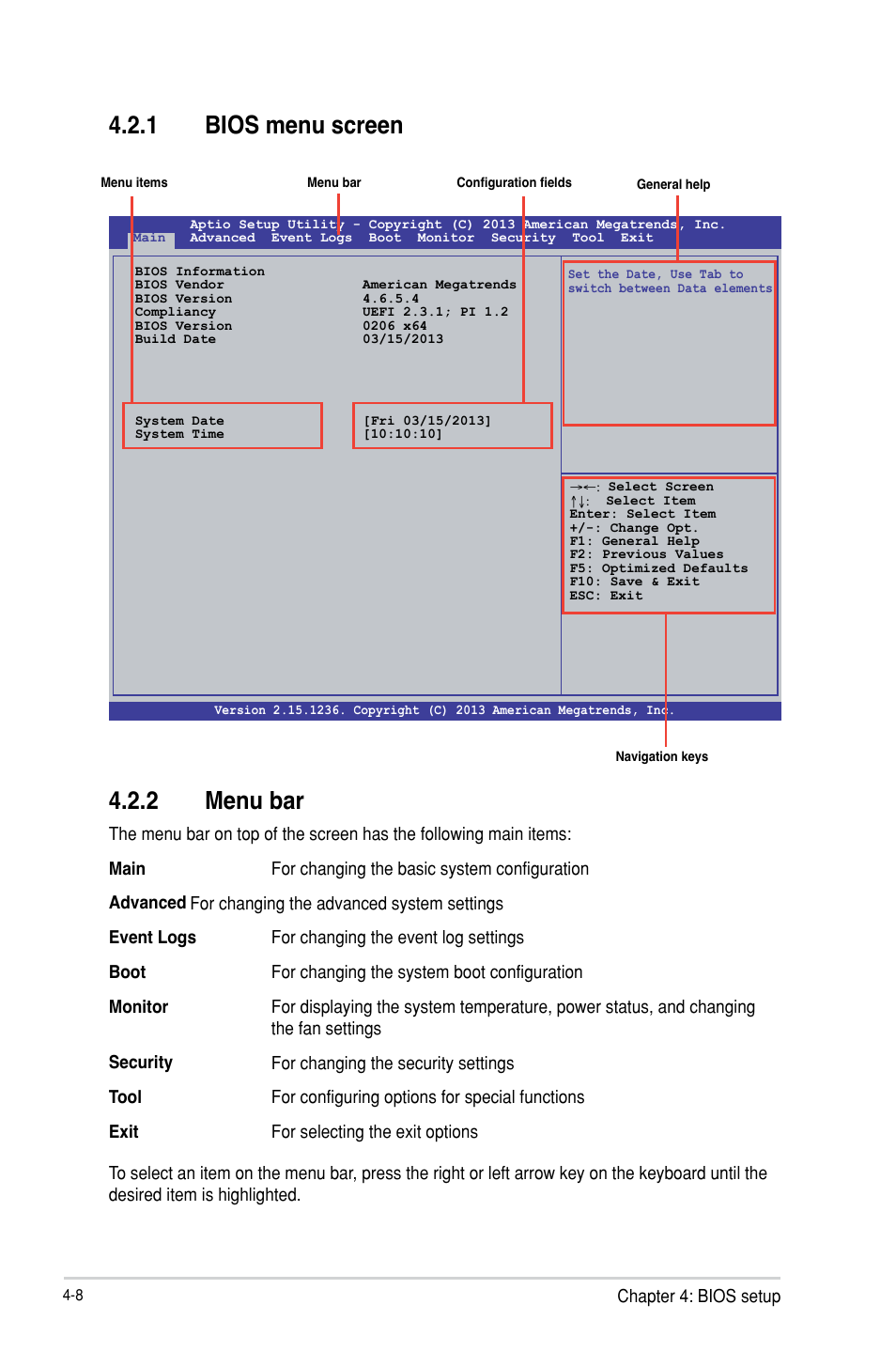 Bios menu screen -8, Menu bar -8, 2 menu bar | 1 bios menu screen | Asus P9D-MH/SAS/10G-DUAL User Manual | Page 74 / 192