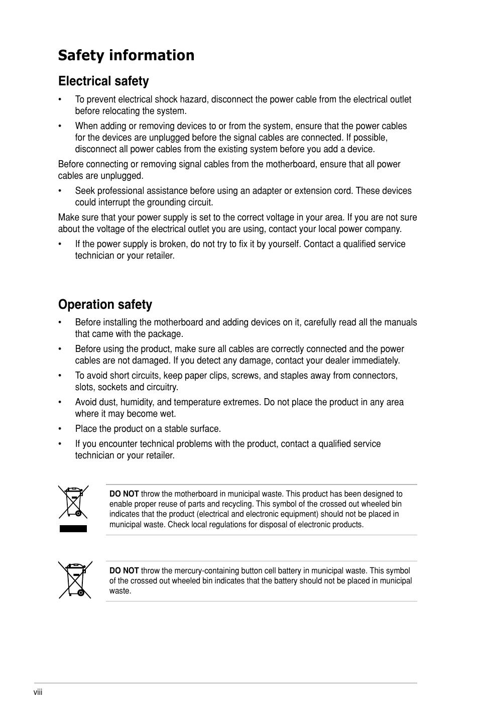 Safety information, Electrical safety, Operation safety | Asus P9D-MH/SAS/10G-DUAL User Manual | Page 8 / 192