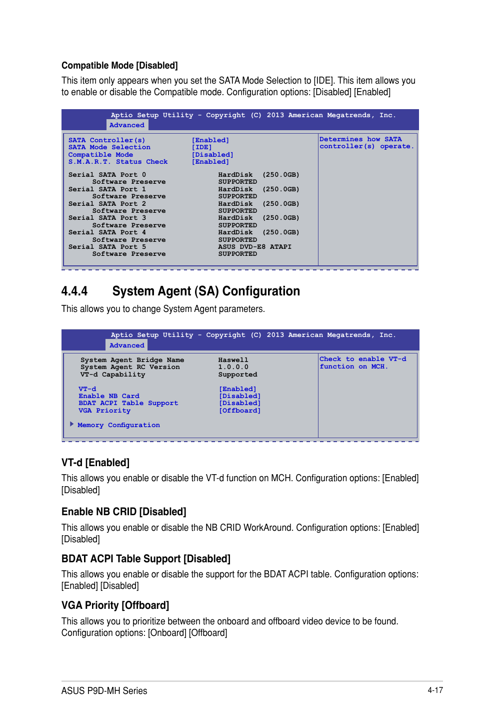 System agent (sa) configuration -17, 4 system agent (sa) configuration, Vt-d [enabled | Enable nb crid [disabled, Bdat acpi table support [disabled, Vga priority [offboard | Asus P9D-MH/SAS/10G-DUAL User Manual | Page 83 / 192