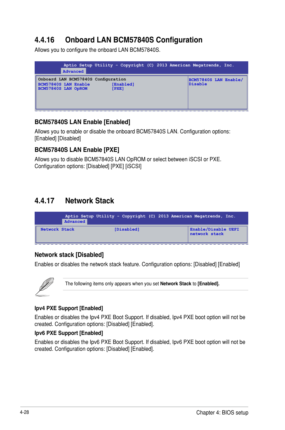 Onboard lan bcm57840s configuration -28, Network stack -28, 17 network stack | Asus P9D-MH/SAS/10G-DUAL User Manual | Page 94 / 192