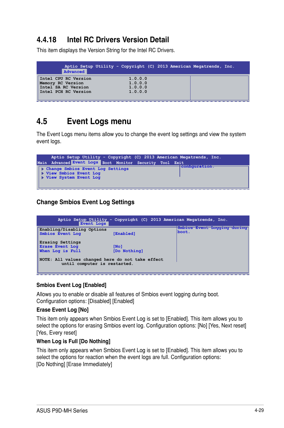 5 event logs menu, Intel rc drivers version detail -29, Event logs menu -29 | Event logs menu -31, 18 intel rc drivers version detail, Change smbios event log settings | Asus P9D-MH/SAS/10G-DUAL User Manual | Page 95 / 192