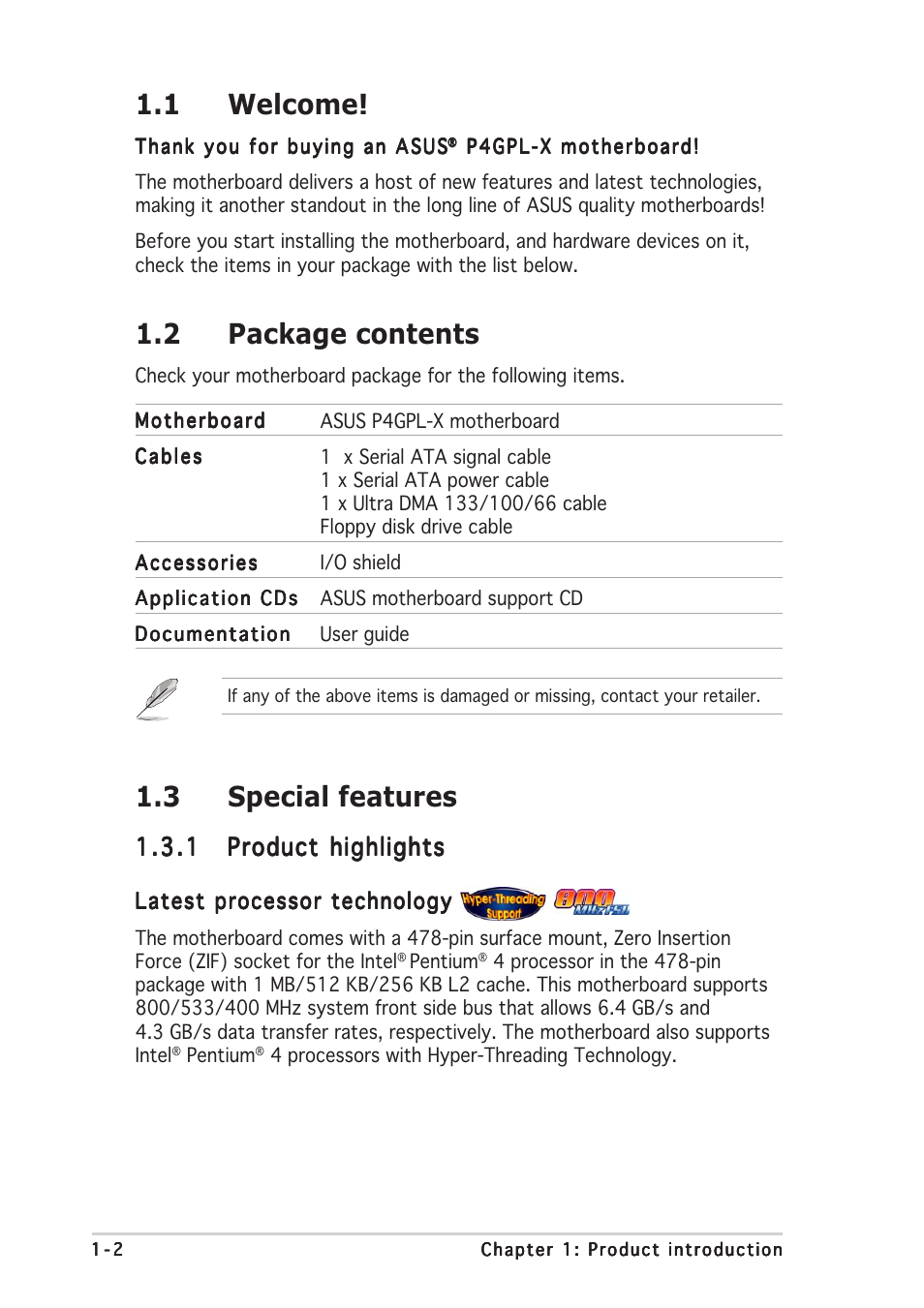 3 special features, 1 welcome, 2 package contents | Asus P4GPL-X User Manual | Page 12 / 90