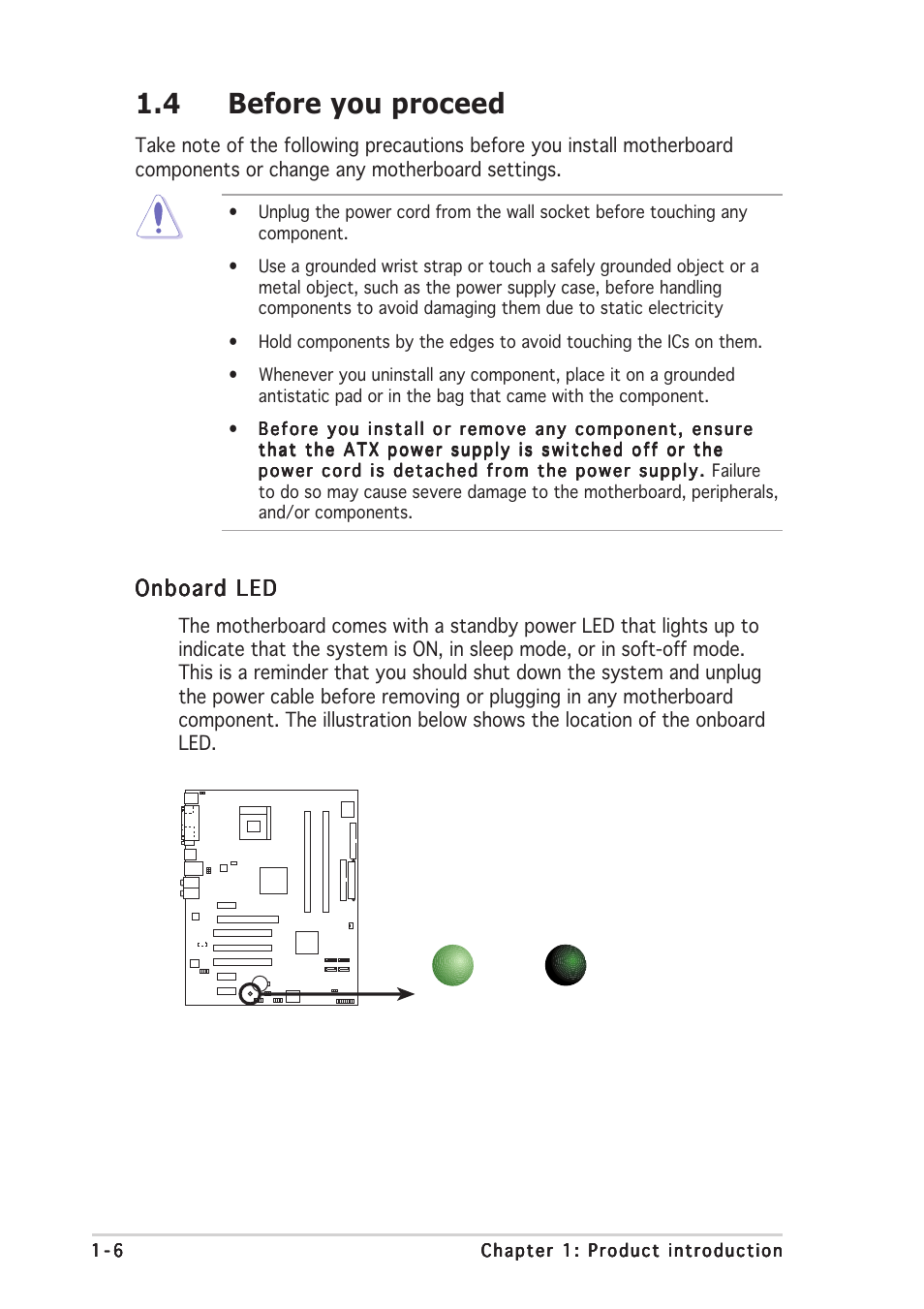 4 before you proceed, Onboard led | Asus P4GPL-X User Manual | Page 16 / 90