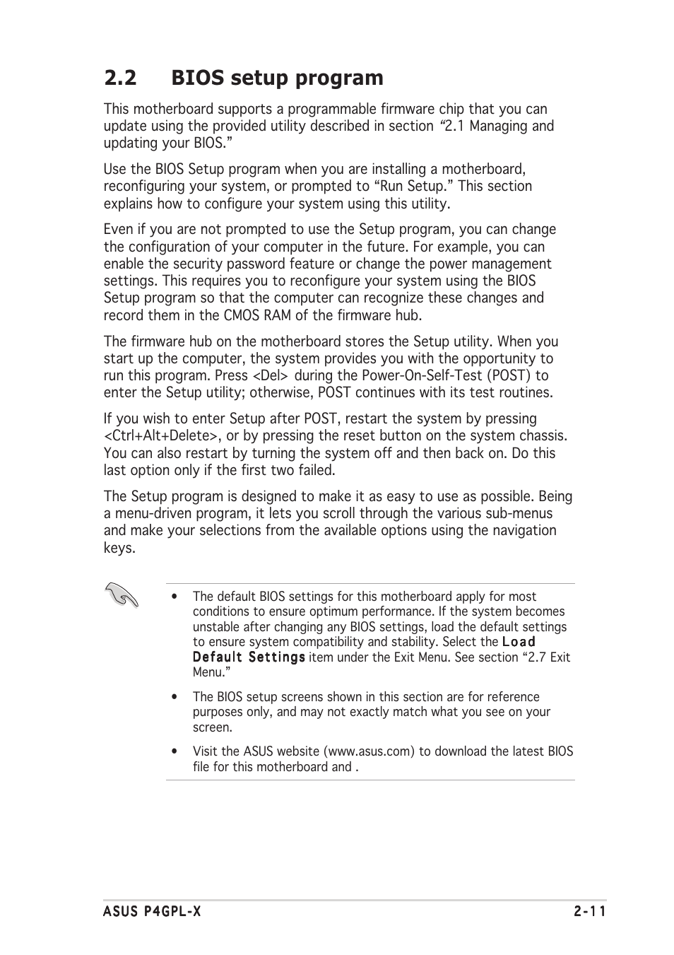 2 bios setup program | Asus P4GPL-X User Manual | Page 55 / 90