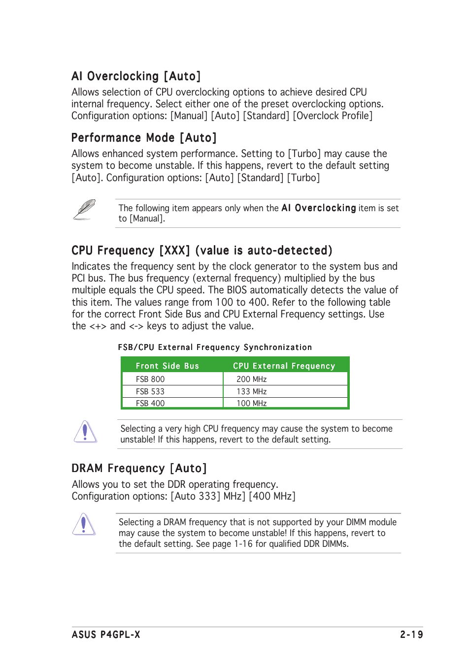 Ai overclocking [auto, Performance mode [auto, Cpu frequency [xxx] (value is auto-detected) | Dram frequency [auto | Asus P4GPL-X User Manual | Page 63 / 90