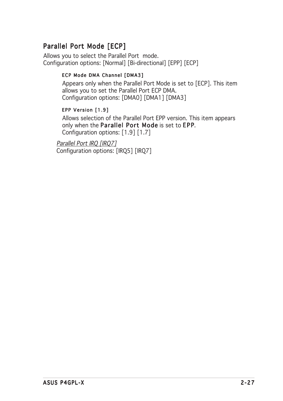 Parallel port mode [ecp | Asus P4GPL-X User Manual | Page 71 / 90