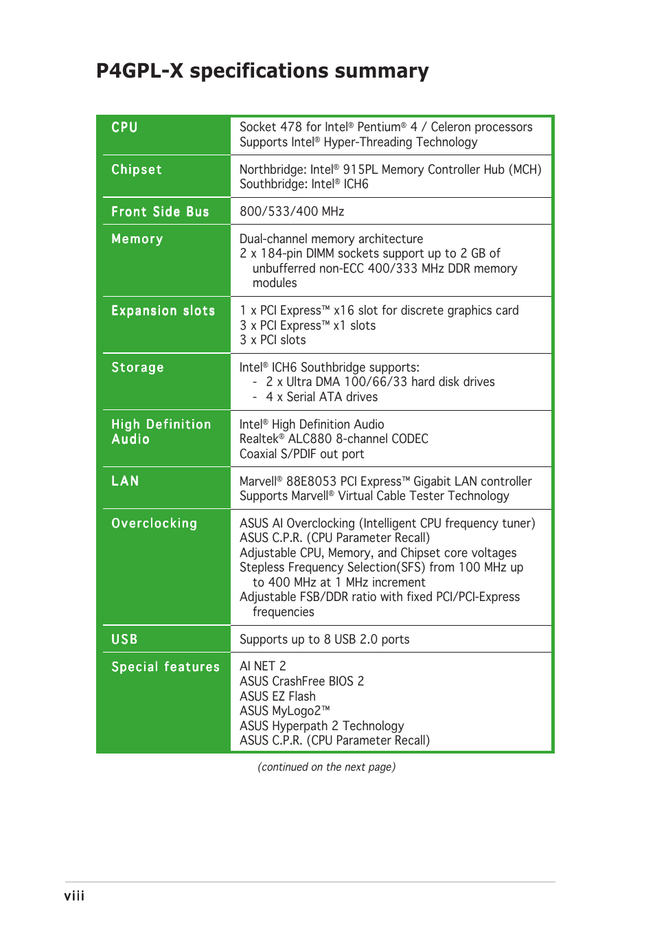 P4gpl-x specifications summary | Asus P4GPL-X User Manual | Page 8 / 90