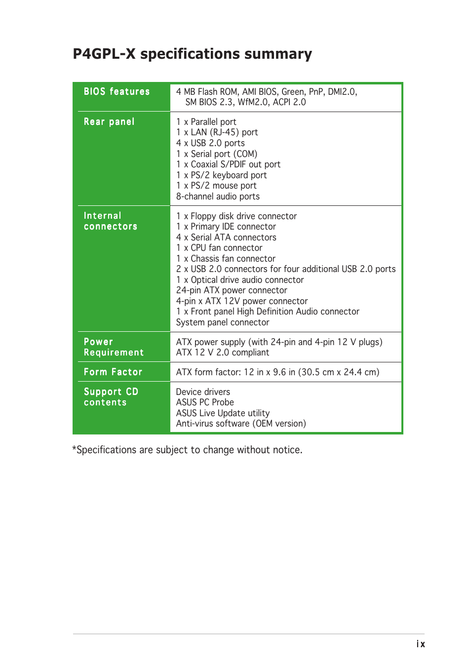 P4gpl-x specifications summary | Asus P4GPL-X User Manual | Page 9 / 90