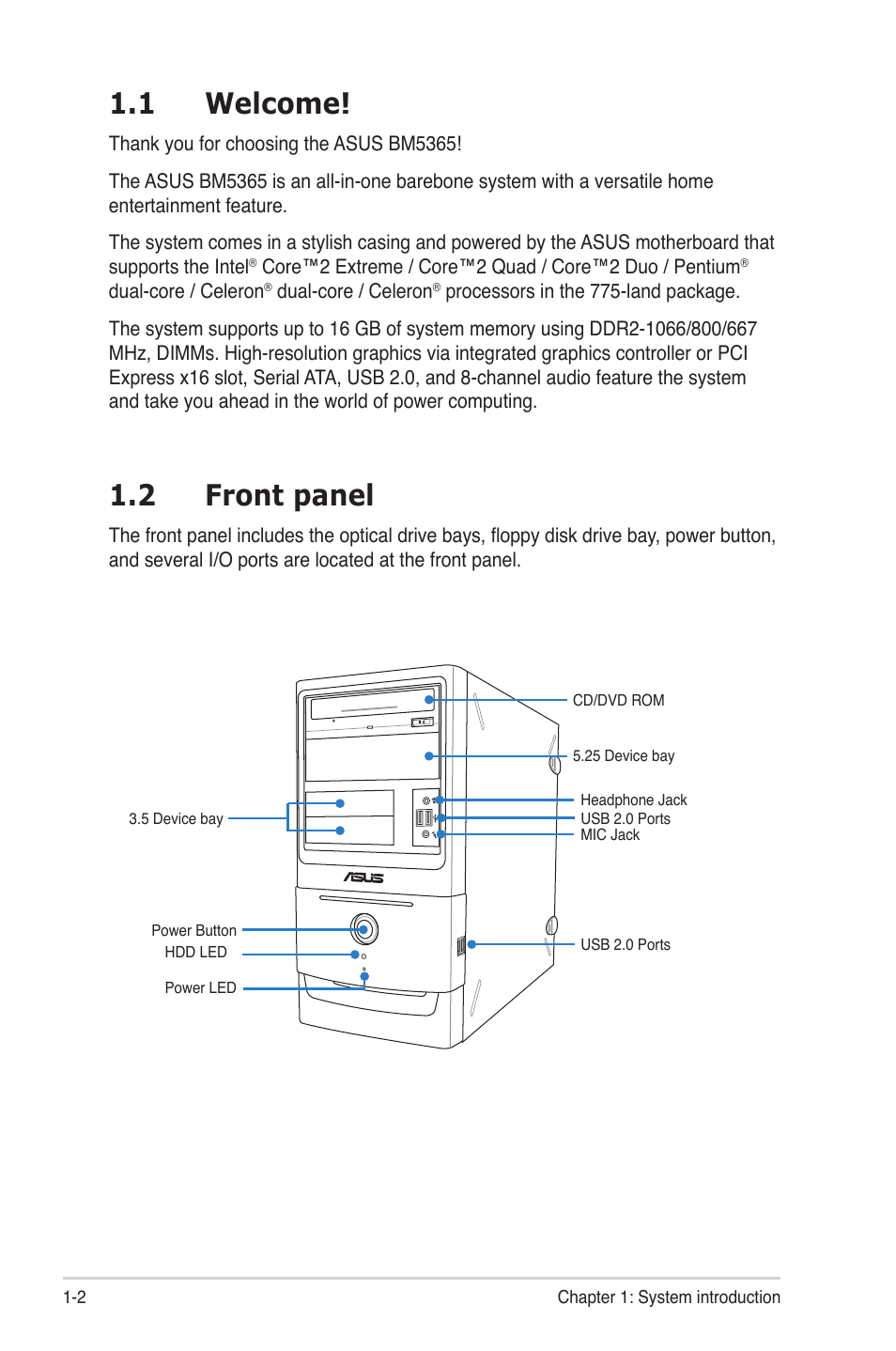 1 welcome, 2 front panel, Welcome! -2 | Front panel -2 | Asus BM5365 User Manual | Page 10 / 28