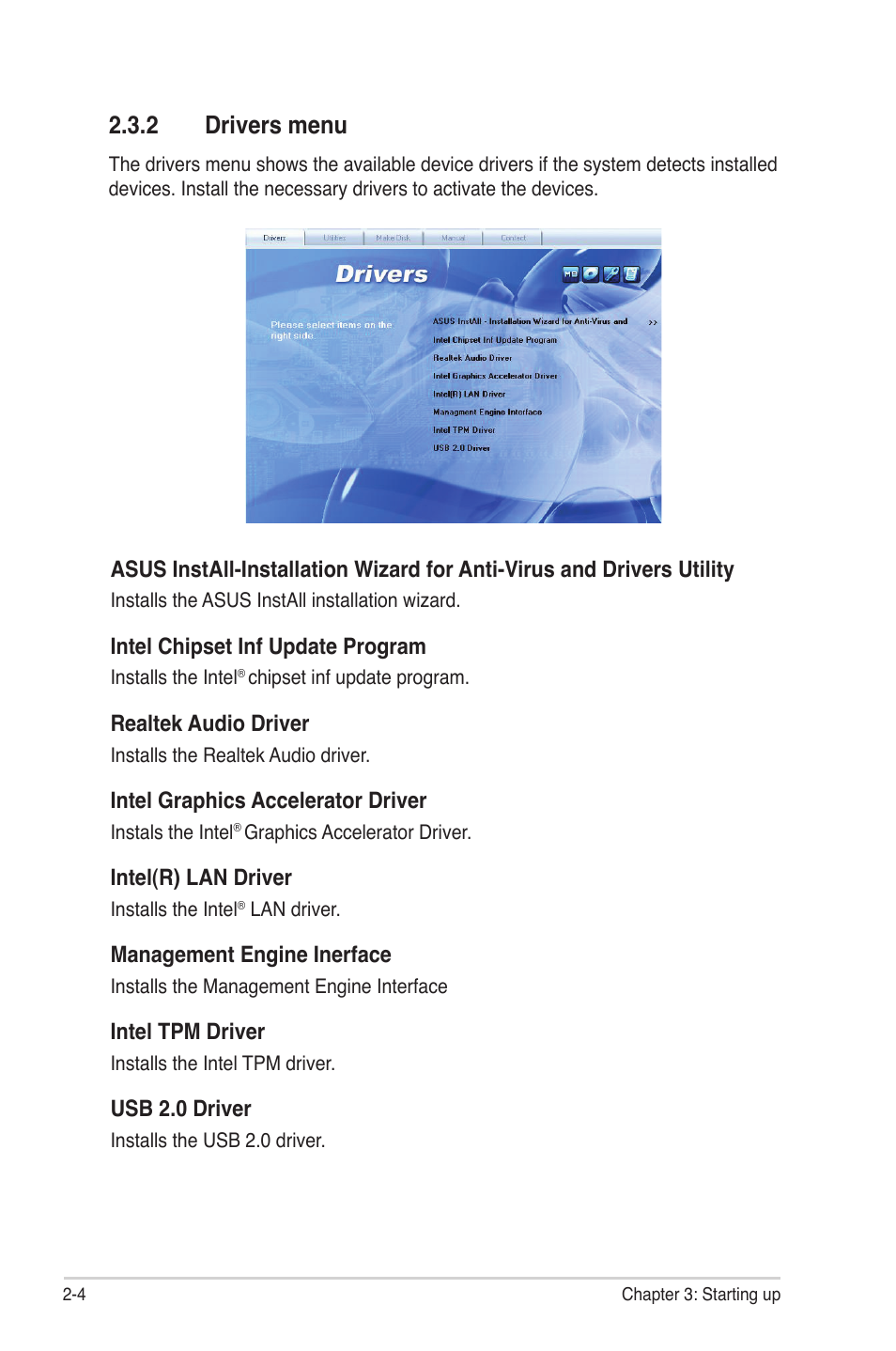 2 drivers menu, Drivers menu -4 | Asus BM5365 User Manual | Page 16 / 28