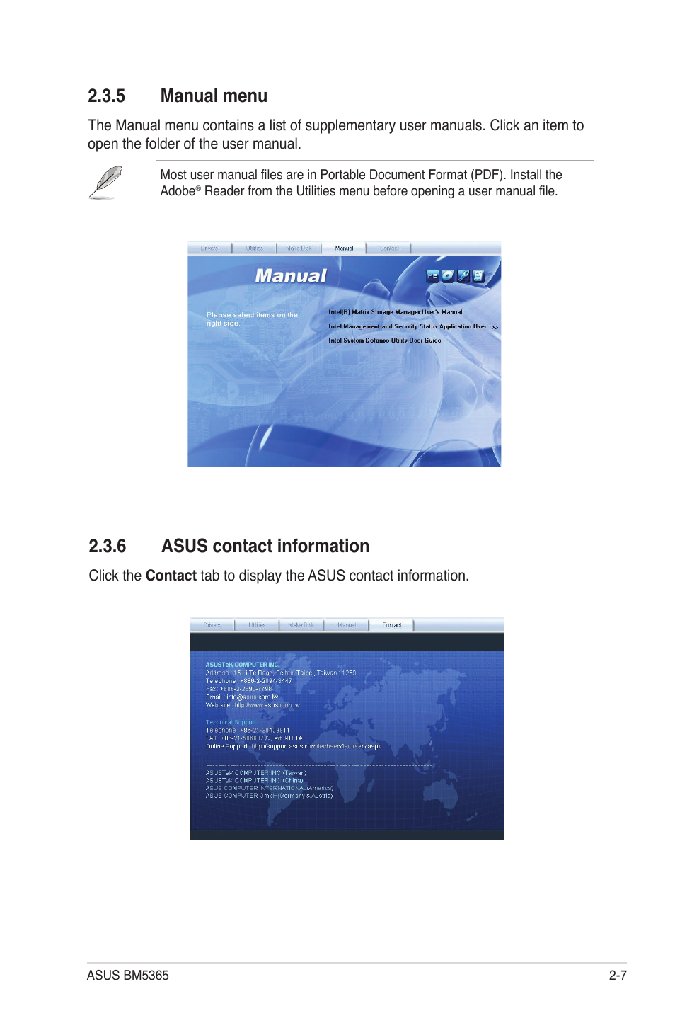 5 manual menu, 6 asus contact information, Manual menu -7 | Asus contact information -7 | Asus BM5365 User Manual | Page 19 / 28