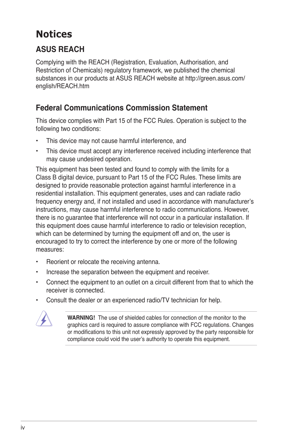 Notices, Federal communications commission statement, Asus reach | Asus BM5365 User Manual | Page 4 / 28