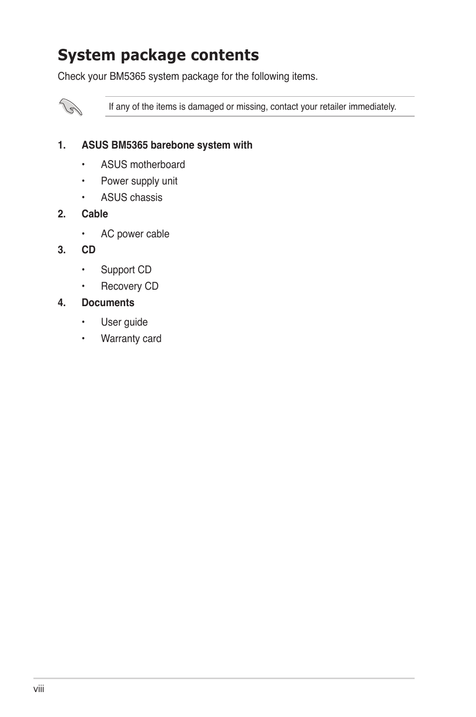 System package contents | Asus BM5365 User Manual | Page 8 / 28