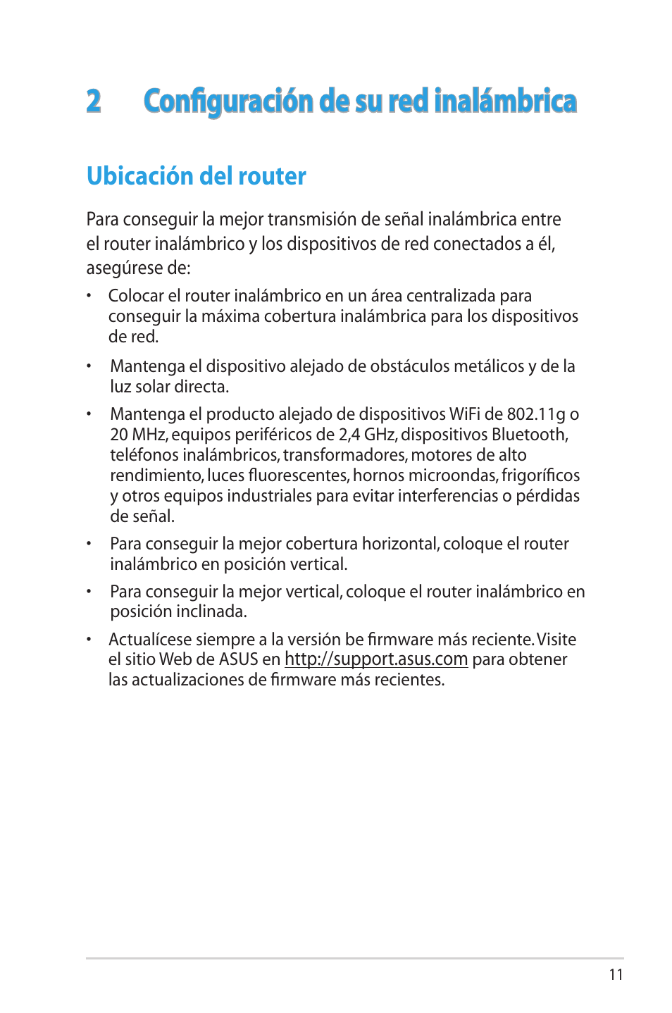 2 configurar su red inalámbrica, Ubicar el router, 2 configuración de su red inalámbrica | Router, Ubicación del router | Asus RT-N12 (VER.D1) User Manual | Page 11 / 68