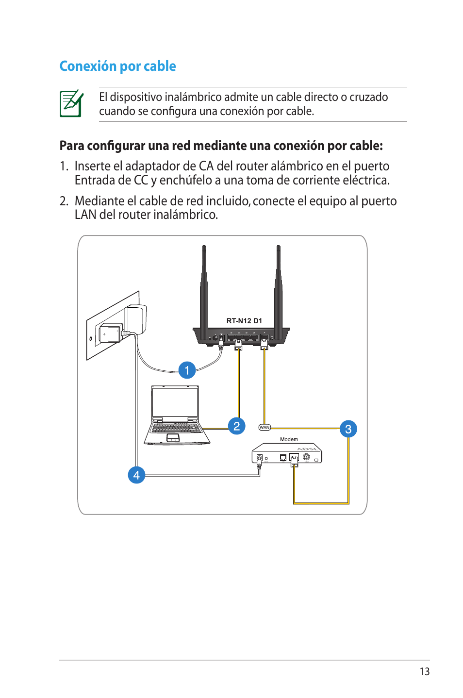 Conexión por cable | Asus RT-N12 (VER.D1) User Manual | Page 13 / 68