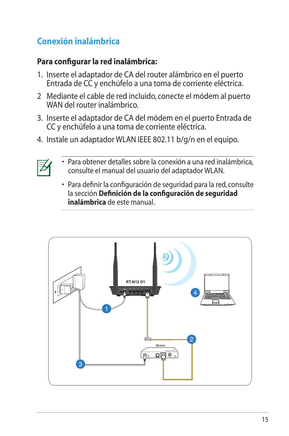 Conexión inalámbrica | Asus RT-N12 (VER.D1) User Manual | Page 15 / 68