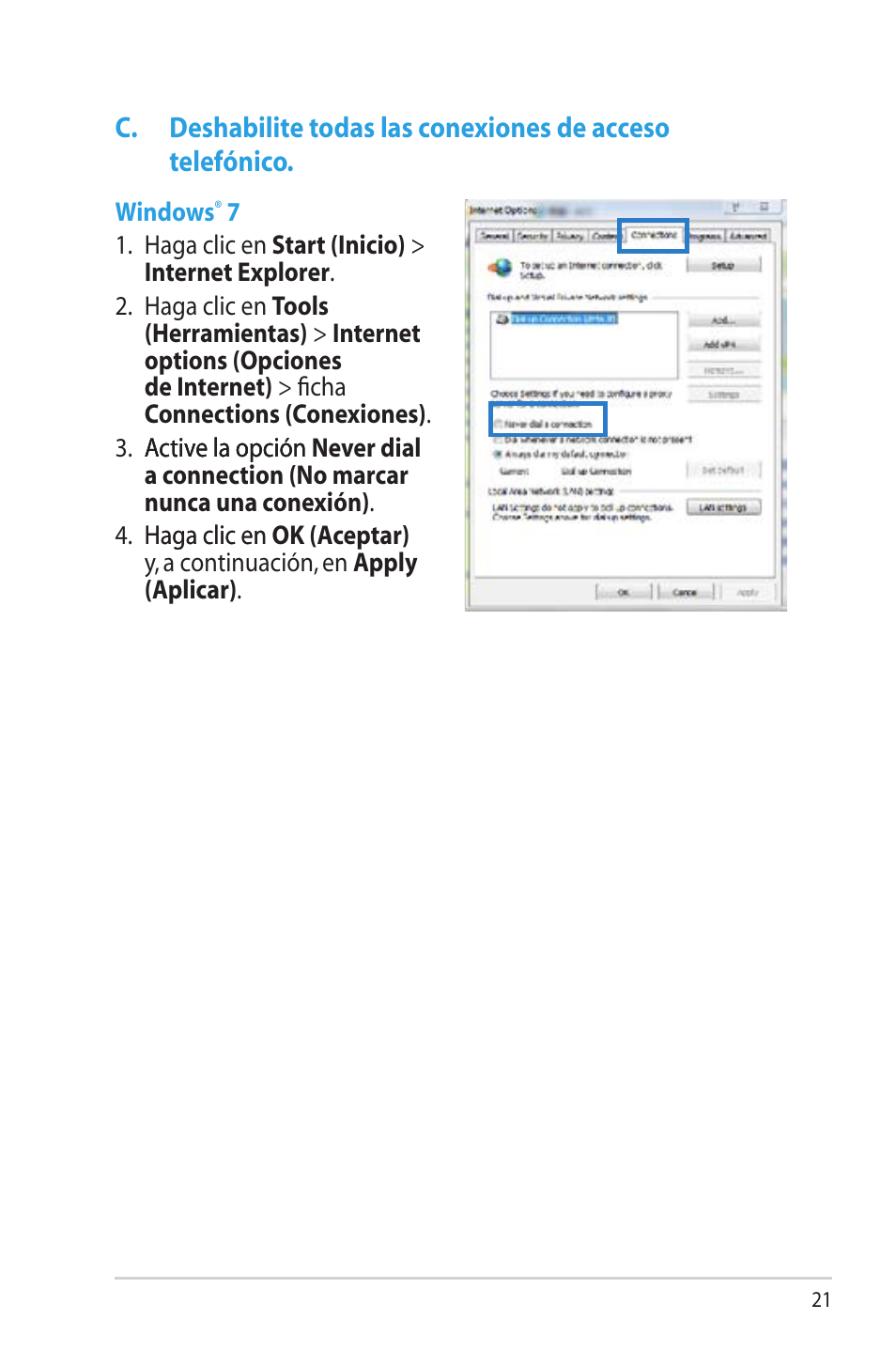 C. deshabilite todas las conexiones de acceso | Asus RT-N12 (VER.D1) User Manual | Page 21 / 68
