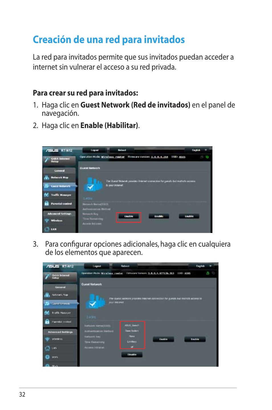 Crear su red para invitados, Eación de una red para invitados, Creación de una red para invitados | Asus RT-N12 (VER.D1) User Manual | Page 32 / 68