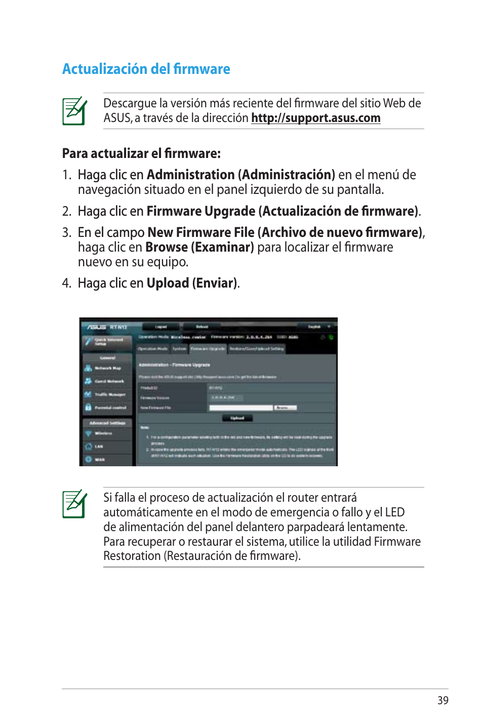 Actualización del firmware | Asus RT-N12 (VER.D1) User Manual | Page 39 / 68