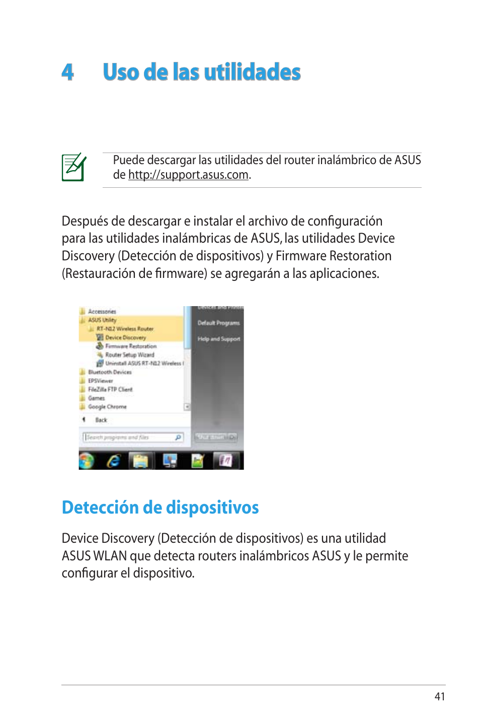 4 uso de las utilidades, Detección de dispositivos | Asus RT-N12 (VER.D1) User Manual | Page 41 / 68