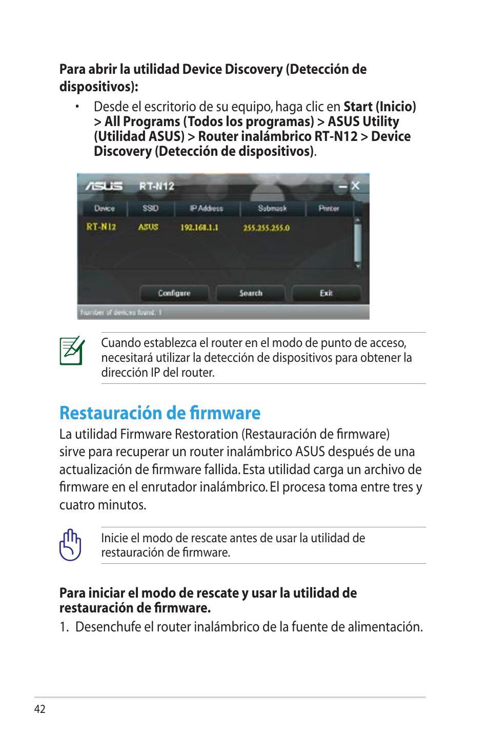 Restauración de firmware | Asus RT-N12 (VER.D1) User Manual | Page 42 / 68