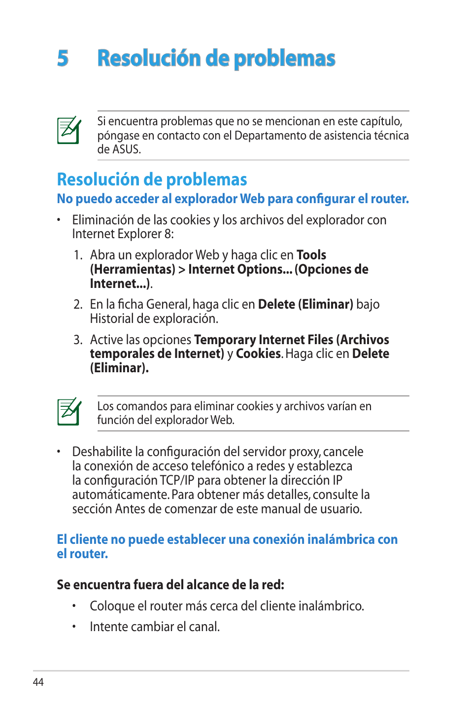 5 resolución de problemas, Resolución de problemas | Asus RT-N12 (VER.D1) User Manual | Page 44 / 68