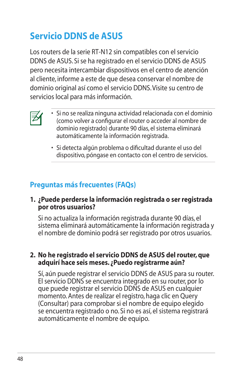 Servicio ddns de asus, Preguntas más frecuentes (faqs) | Asus RT-N12 (VER.D1) User Manual | Page 48 / 68