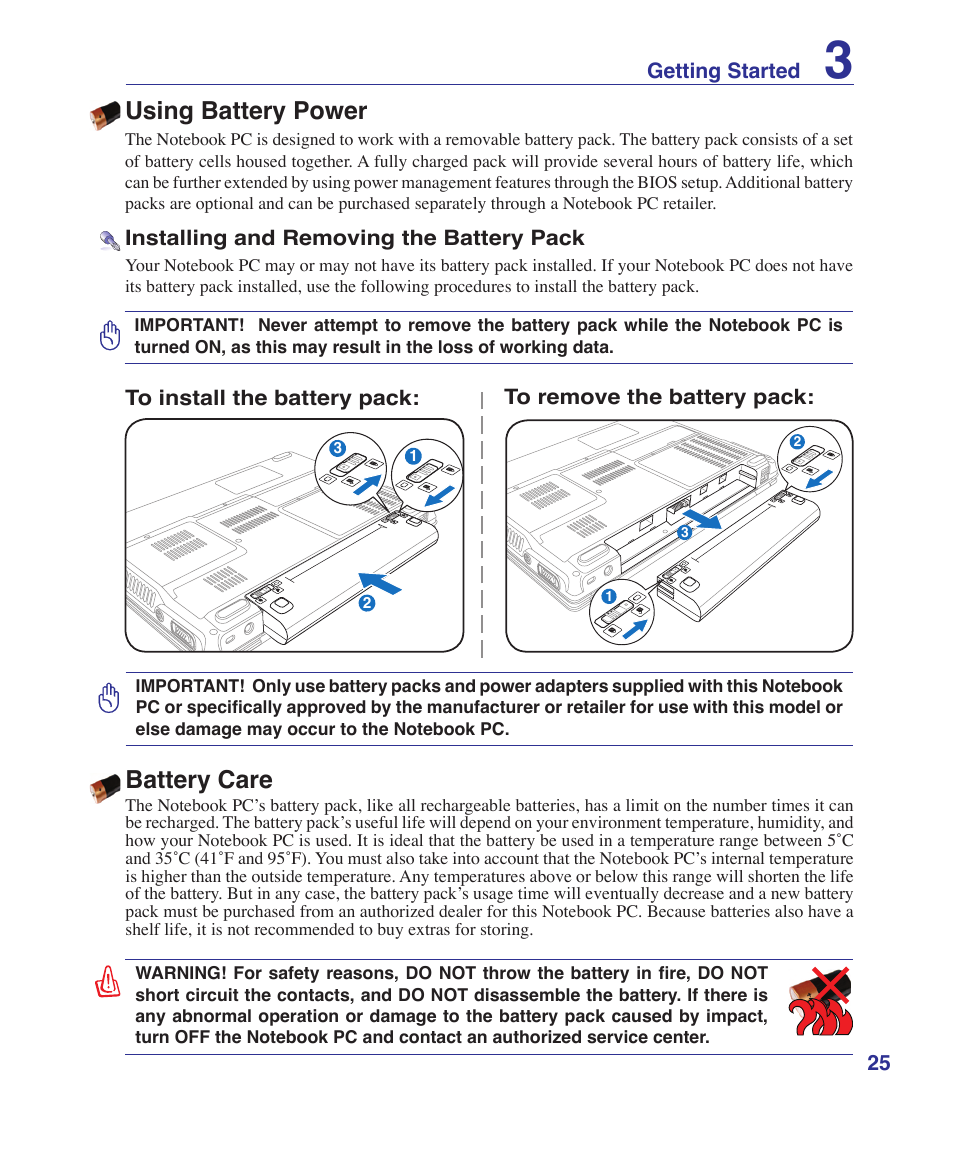 Using battery power, Battery care | Asus F9J User Manual | Page 25 / 95