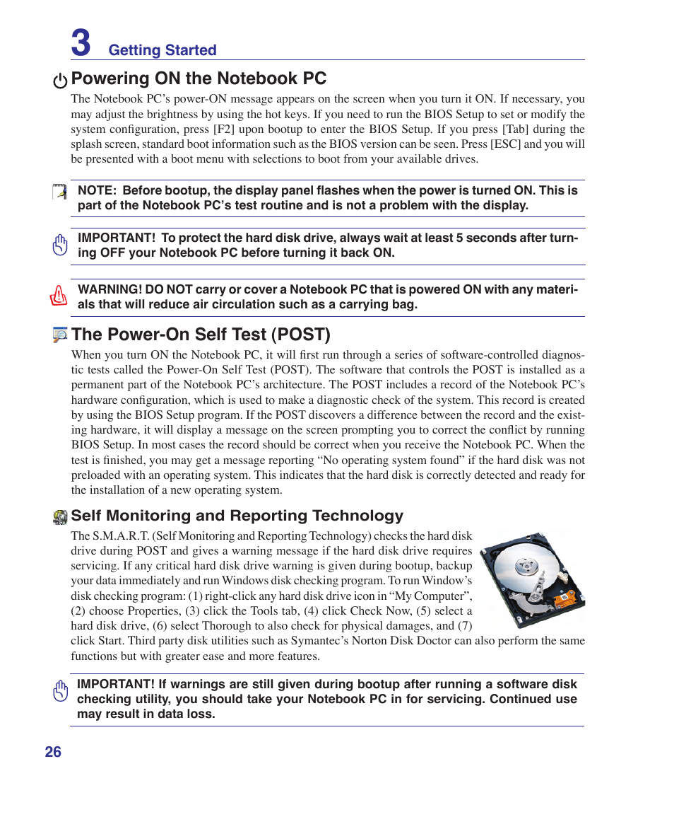 Powering on the notebook pc, The power-on self test (post) | Asus F9J User Manual | Page 26 / 95