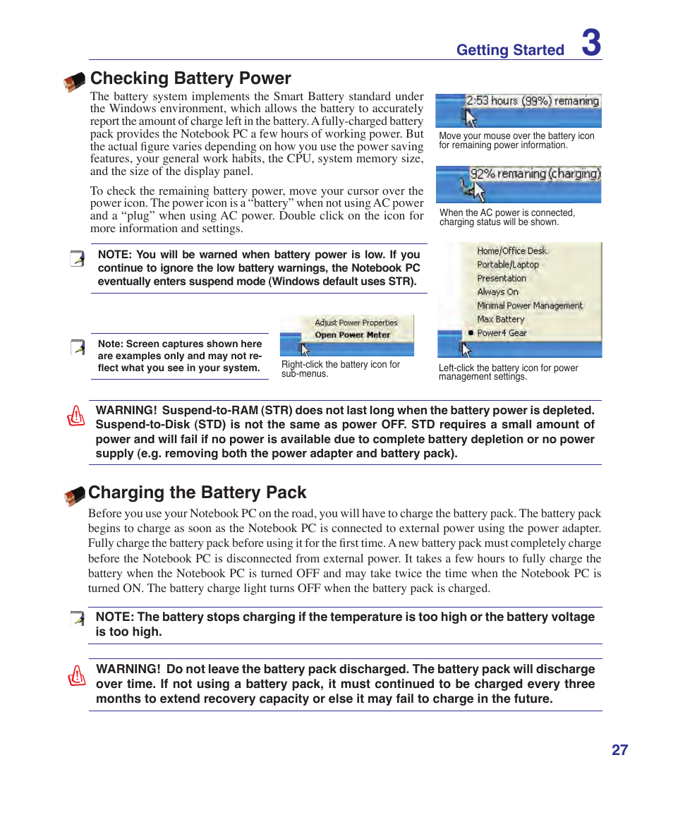 Checking battery power, Charging the battery pack, 27 getting started | Asus F9J User Manual | Page 27 / 95